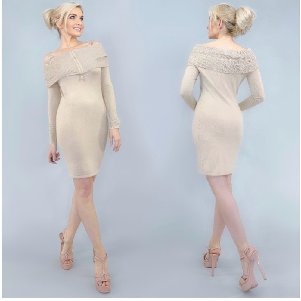 Say What ? Off Shoulder Long Sleeve Fitted Sweater Women Dress M-L